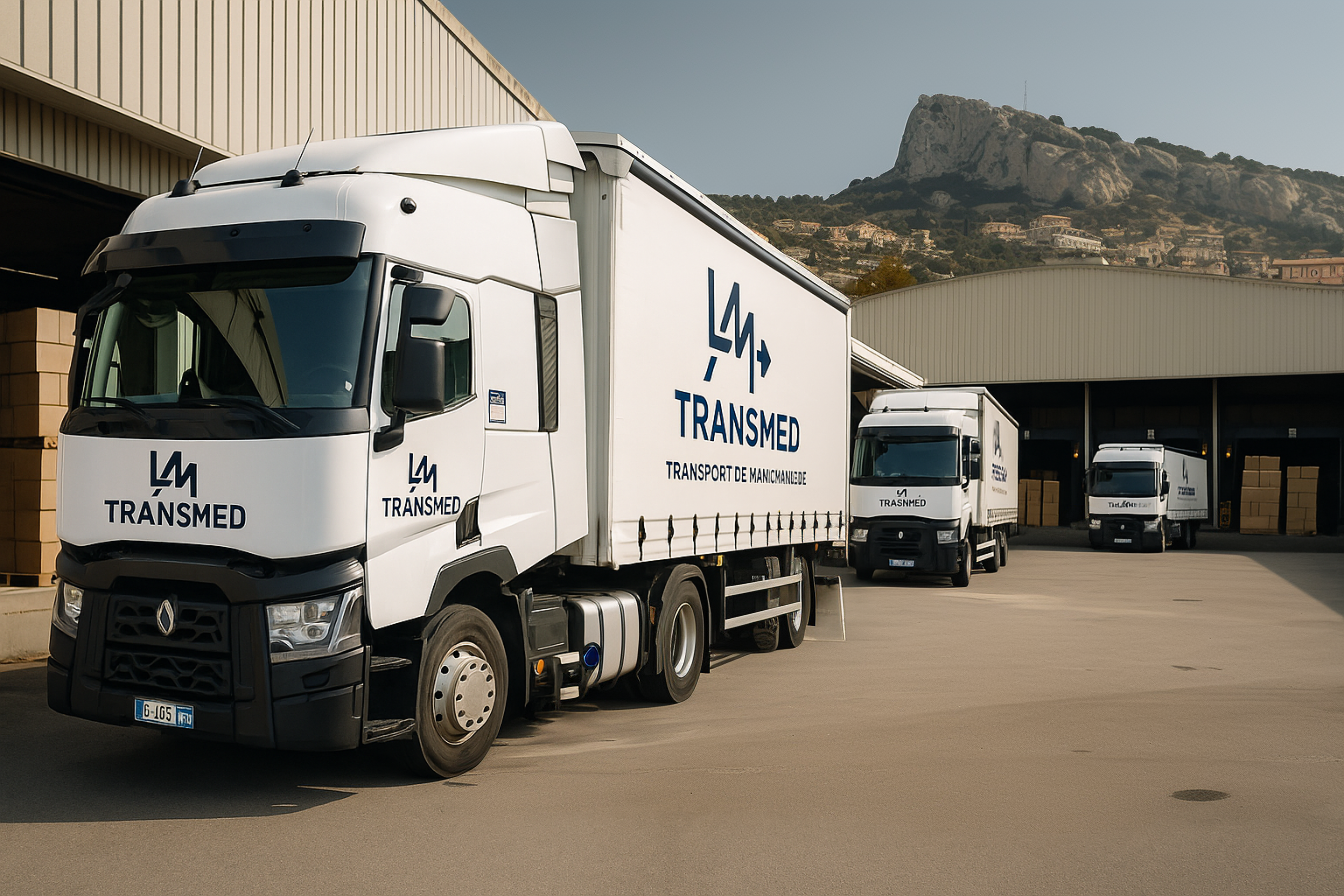 Un camion arborant le logo de Transmed, sp&eacute;cialiste du transport de marchandises.
